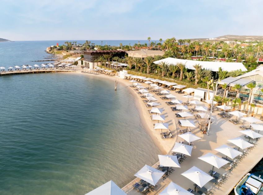 Aerial view of a resort beach with white umbrellas and lounge chairs.