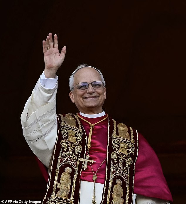 Newly elected Pope Leo XIV, Robert Prevost from the main central loggia balcony of the St Peter's Basilica for the first time on Thursday
