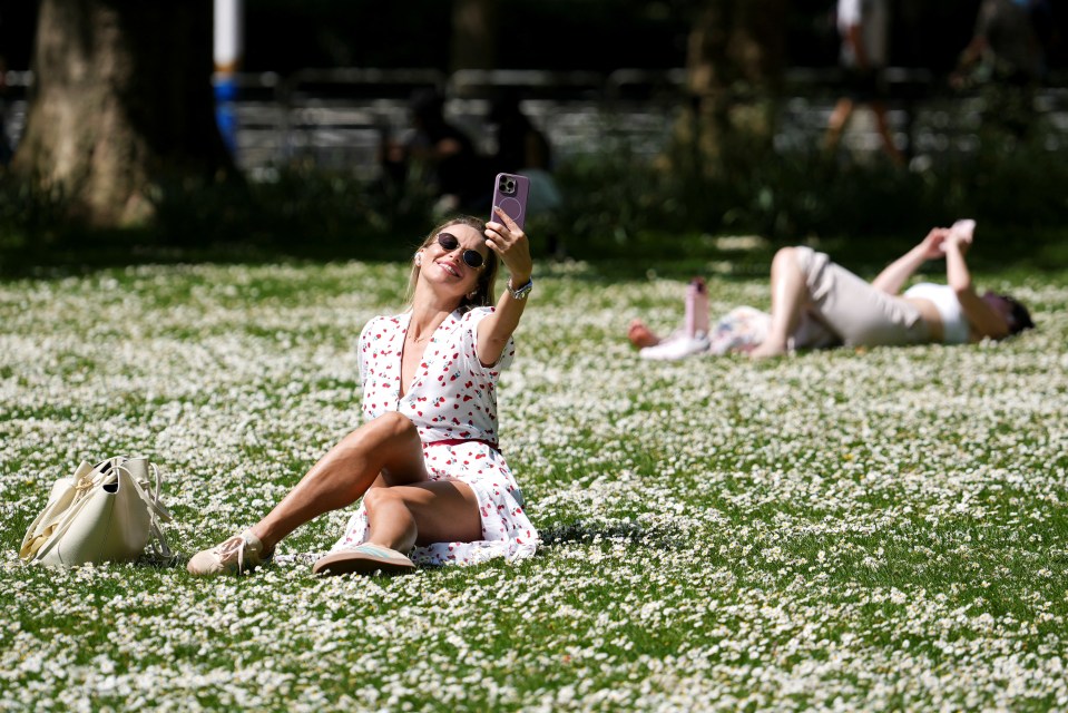 Woman taking a selfie in a park filled with daisies.