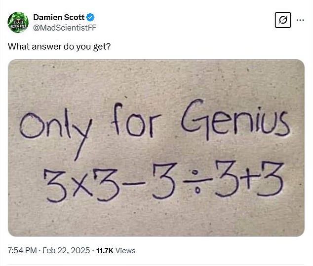 Damien Scott shared the math problem on X, sparking furious debate among commenters