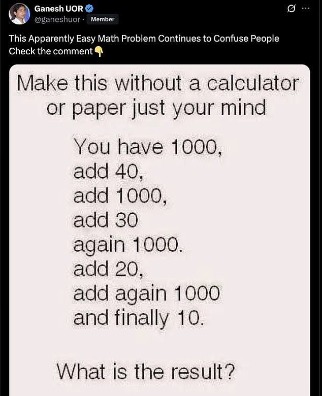 The apparently easy maths problem, involving only mental addition, has racked up thousands of comments