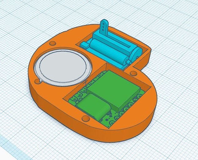 The design for the dementia switch, created by Darab Jafary. According to Nitschke, the blue part is the micro syringe that contains the lethal drug, the green is the processor that provides the timing, and the white element is the lithium battery