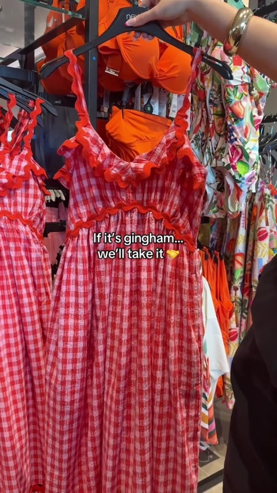 Red and white gingham dress on a hanger.