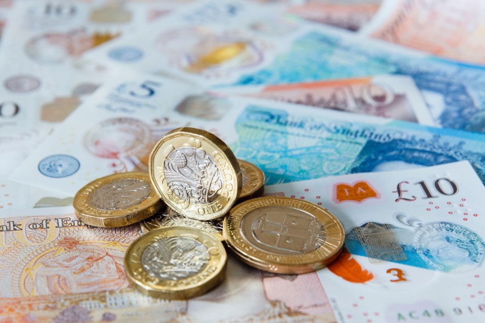 British one-pound coins on five and ten-pound notes.