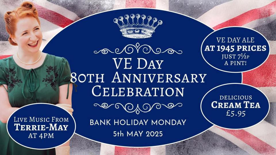 Illustration of VE Day 80th anniversary celebration event details.
