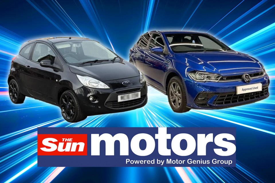 A black Ford Ka and a blue Volkswagen Polo against a blue motion-blur background; The Sun Motors logo is at the bottom.