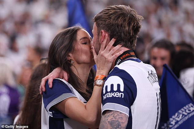 James Maddison kissed his girlfriend Kennedy Alexa on the pitch after Tottenham's Europa League triumph