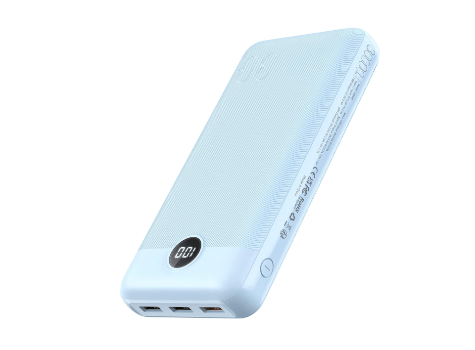 Light blue power bank with three USB ports and a digital display.