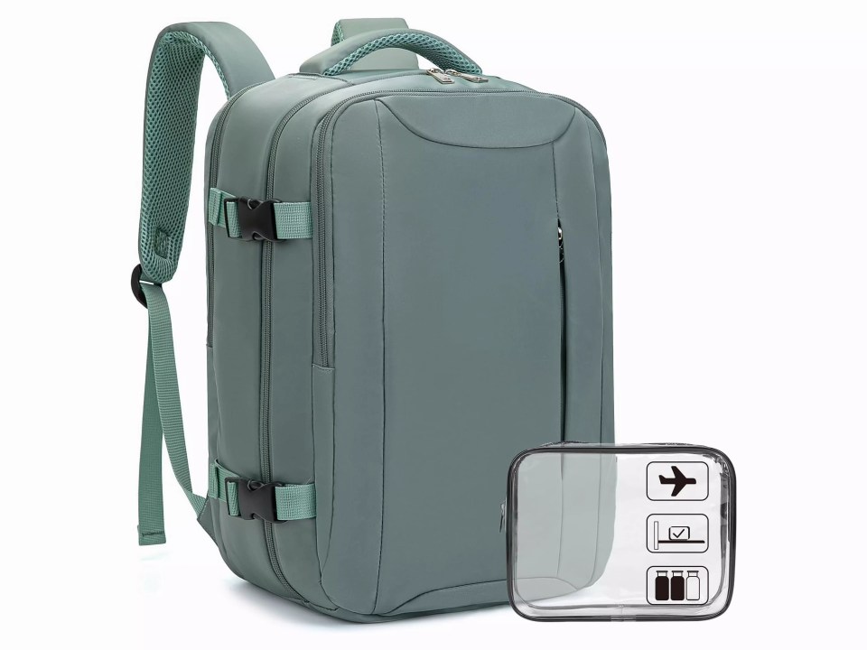 Sage green underseat backpack with a clear travel pouch.