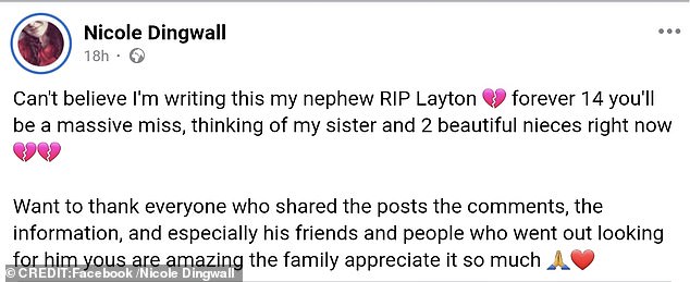Facebook tribute left by Layton Carr's aunt, Nicole Dingwall, after the teenager's death