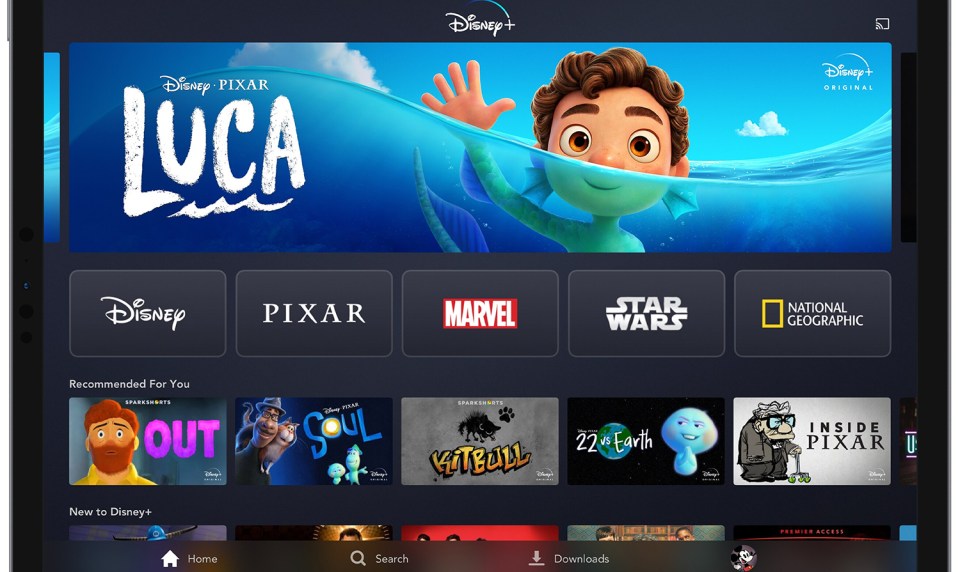 Disney+ app interface showing Luca, Disney, Pixar, Marvel, Star Wars, and National Geographic content.