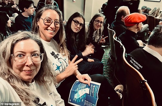 'Stay in LA' is a political organization that aims to fight for productions in Hollywood and 'restore our city's vibrant creative industry and lift the entire city of LA up in the process.' (Pictured: Noelle Stehman and other members of the group)