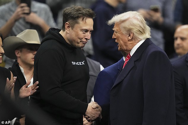 Elon Musk, left, shakes hands with President Donald Trump at the finals for the NCAA wrestling championship