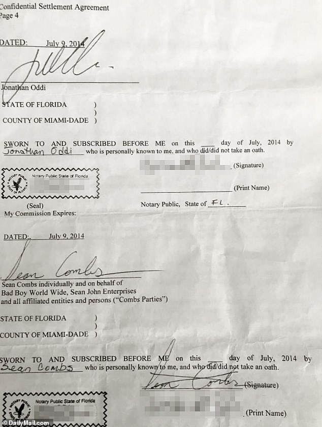 Daily Mail can confirm the NDA that both Oddi and Sean Combs signed in July 2014 - four years before the shooting at Trump Doral, and ten years before Diddy was criminally charged