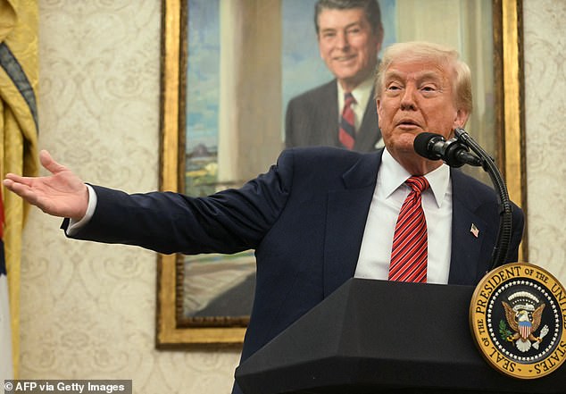 US President Donald Trump speaks during a swearing-in ceremony for the Ambassador to China, former Republican Senator of Georgia, David Perdue at the White House in Washington, DC, May 7, 2025. '' want to see them stop,' Trump said of India and Pakistan