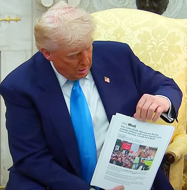 President Donald Trump holds up a Daily Mail article on 'Why white South Africans are fleeing surging violence and "racist" laws for new lives in America' from writer Sue Reid
