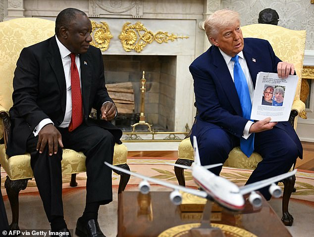 President Donald Trump put on a stunning shaming in the Oval Office Wednesday, showing clips to South African President Cyril Ramaphosa that purported to show evidence of a 'white genocide' in his country