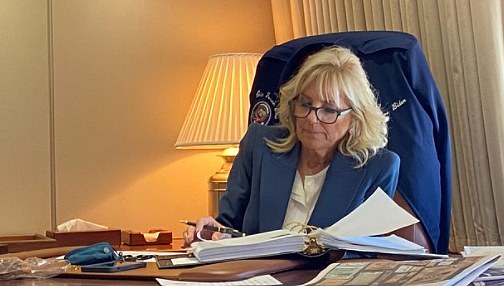 Jill Biden prepared for the G7 as she rode Air Force One from Washington DC to UK