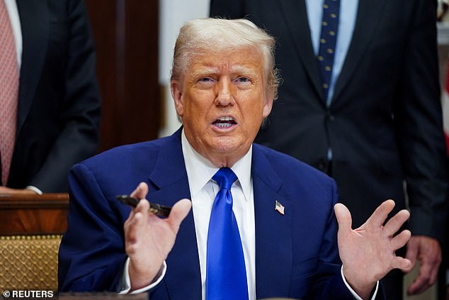 U.S. President Donald Trump gestures as he defends a gift of a 747 from Qatar