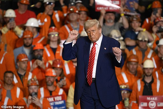 President Donald Trump (above) met with workers at a steel plant in Pittsburgh on Friday night and said he would be doubling tariffs on imports from 25 per cent to 'further secure' the industry