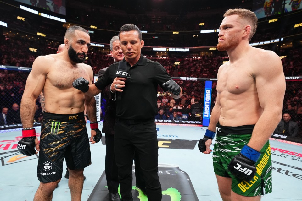 Belal Muhammad and Jack Della Maddalena facing off before a UFC welterweight championship bout.