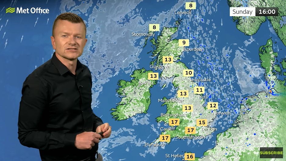 Weather forecast map of the UK showing temperature drop.