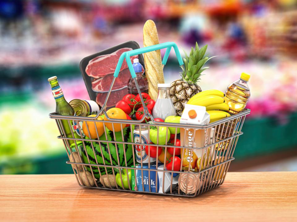 Illustration of a shopping basket full of groceries.