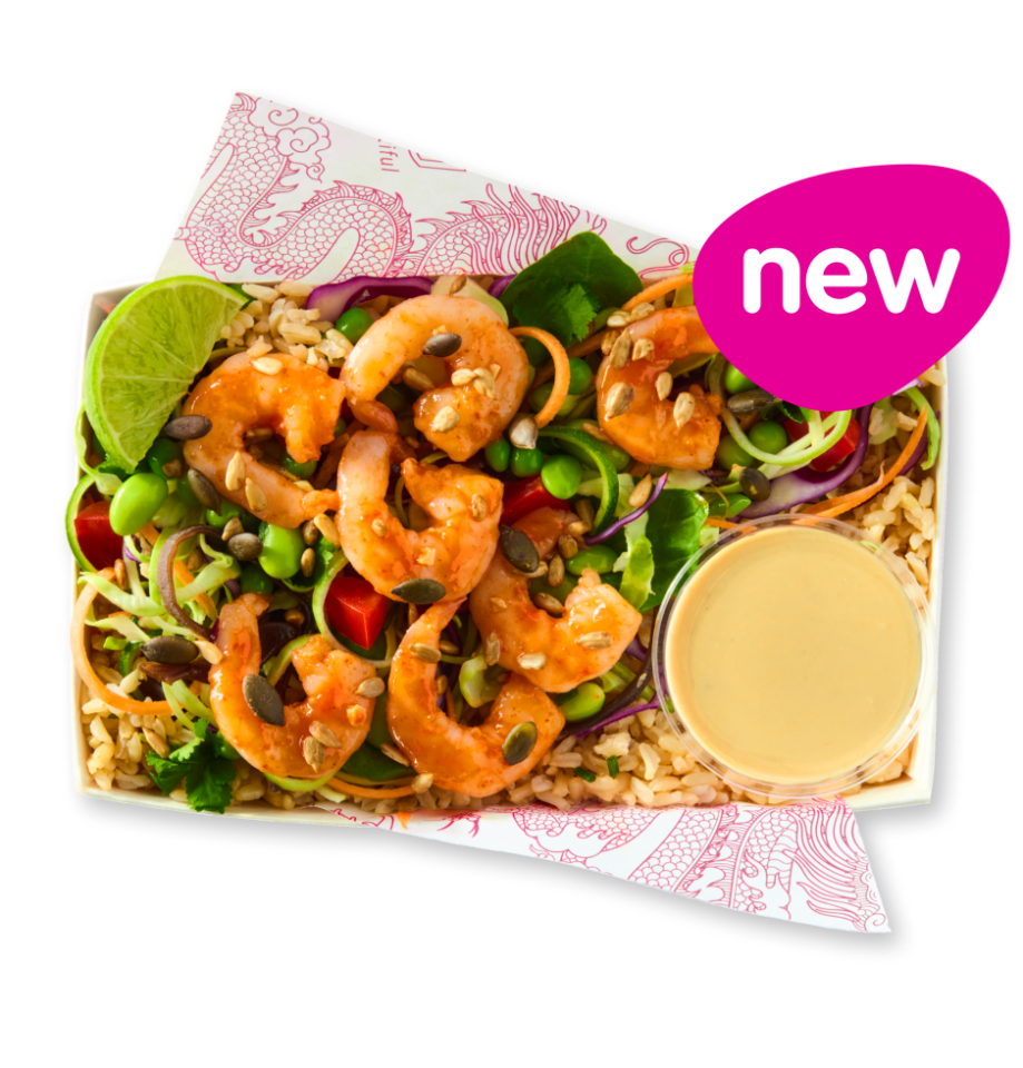 Shrimp and brown rice bowl with vegetables and a side of dressing.  New.