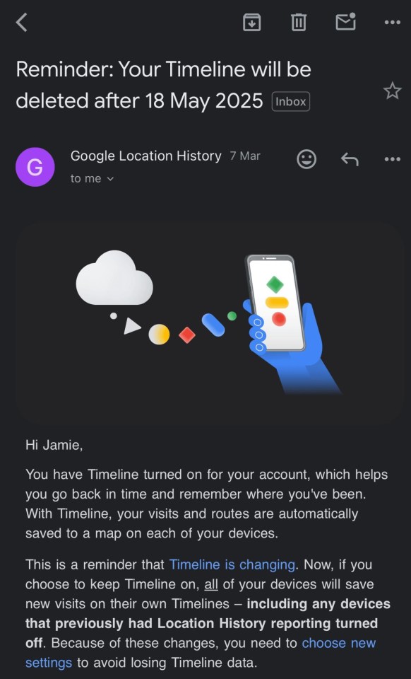 Illustration of a phone displaying a Google Timeline notification.