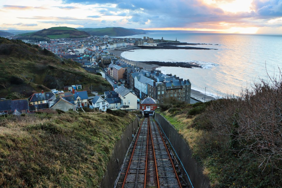 Aberystwyth cliff railway overlooking the town and coastline.