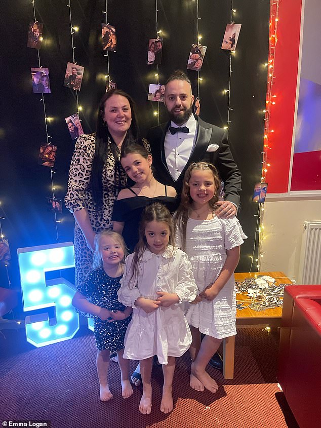 A mother has issued an urgent warning to parents after her daughter's popular battery-powered children's toy caught fire and burned down the family home. Pictured: Emma and Jon Logan with their four children, Emily, three, Winter, six, Brooke, 11, and Scarlett eight