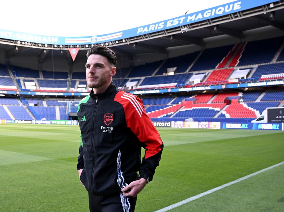 Declan Rice at an Arsenal press conference at the Parc des Princes.