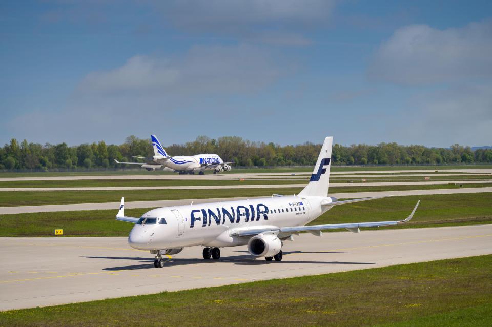 Finnair CRJ-900LR taxiing at Munich Airport.