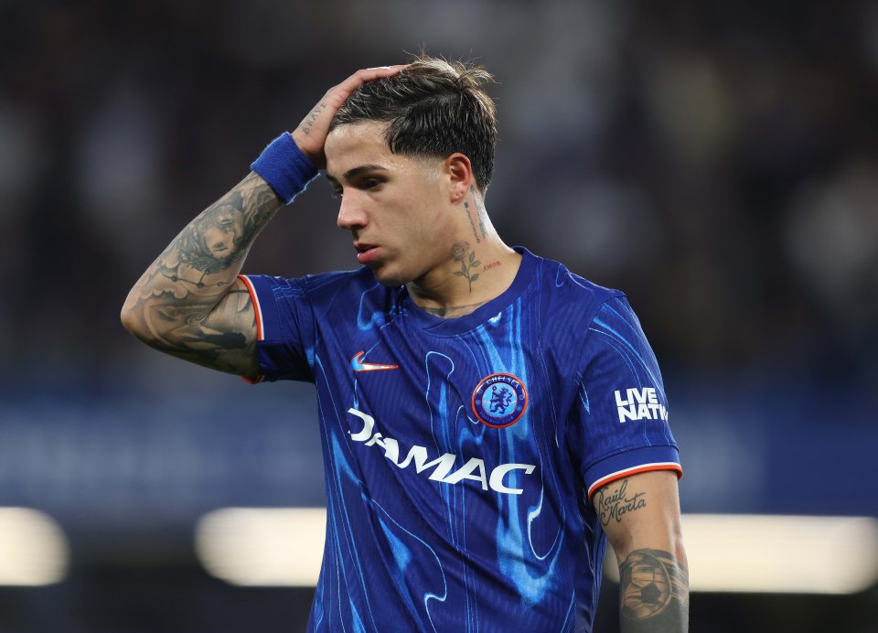 Enzo Fernandez of Chelsea looking disappointed.
