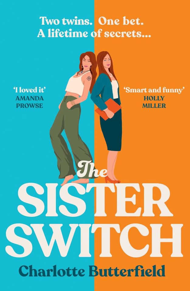Illustration of book cover for "The Sister Switch" by Charlotte Butterfield, featuring two twin sisters.