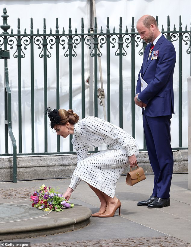 The Princess of Wales laid flowers on the Innocent Victims' Memorial after the Thanksgiving Service to mark the 80th anniversary of VE Day at Westminster Abbey