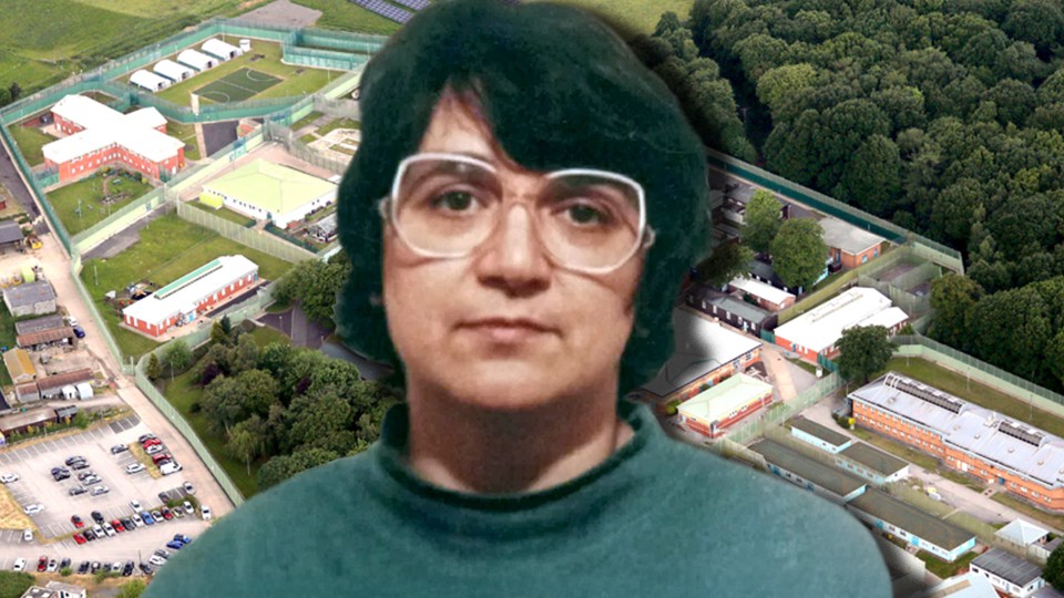 Rose West's photo superimposed over an aerial view of a prison.