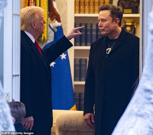 Musk's relationship with Donald Trump is believed to have soured since the billionaire joined the president's administration. Pictured, Trump appears to be pointing at Musk in the White House in March