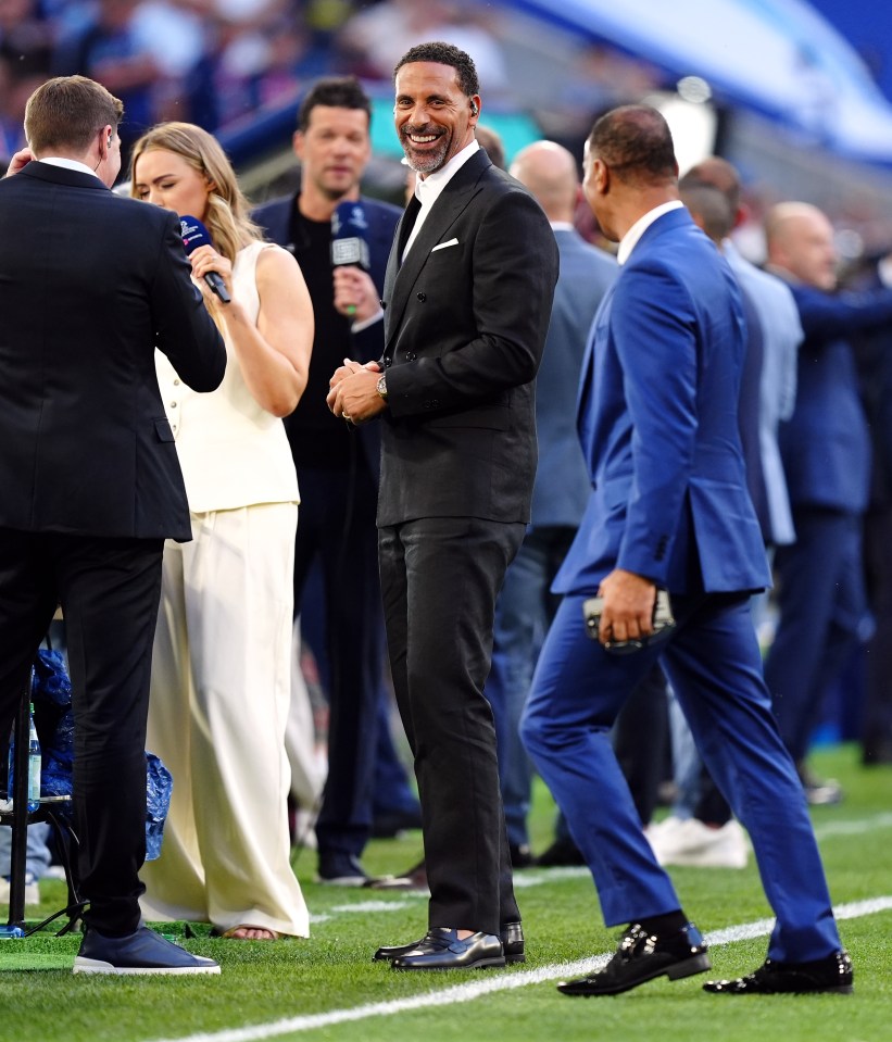 Rio Ferdinand working for TNT Sports at a UEFA Champions League final.