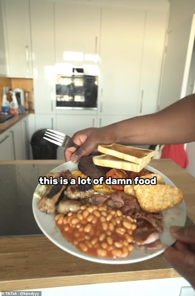 During his recent venture into learning more about British food, the TikToker, a self-described 'mere Yank amongst Brits', had a stab at recreating and reviewing a full-English breakfast (pictured)