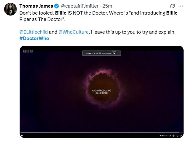 Taking to X, formerly known as Twitter , some fans were quick to note in the episode's closing credits, Billie was not credited as 'The Doctor'