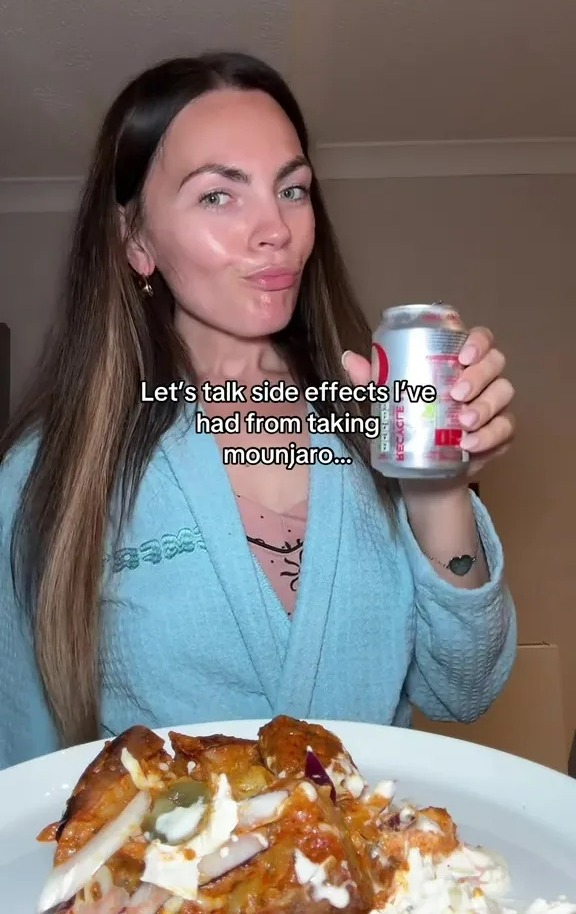 Woman in bathrobe discussing Mounjaro side effects, including hair loss.