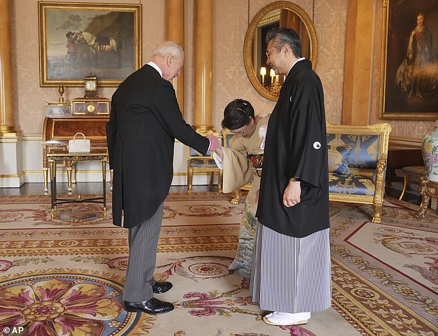 Hiroshi (with his wife Eiko) presenting his credentials to King Charles during a private audience at Buckingham Palace earlier this month