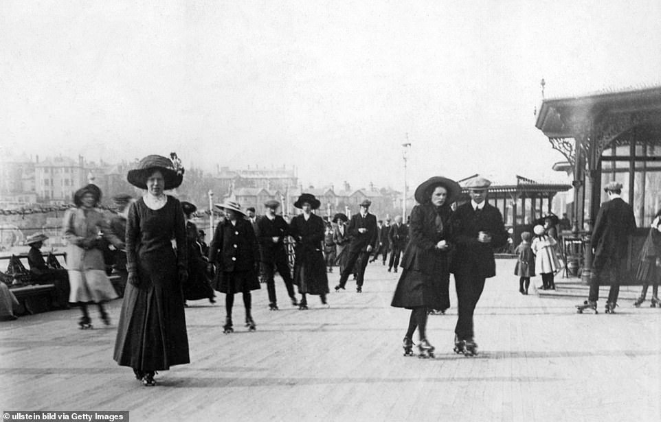 Rollerskaters are pictured on Bournemouth Pier in the early 1900s. The unusual activity began in 1898 when a special deck was opened on the pier. Skating hours were generally on Tuesday and Friday afternoons