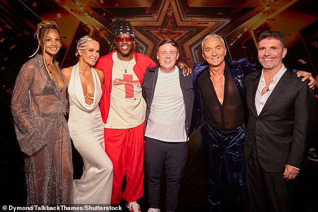 Simon Cowell, Bruno Toniol, Amanda Holden, Alesha Dixon, KSI and Ant & Dec pose with this years winner, Harry Moulding