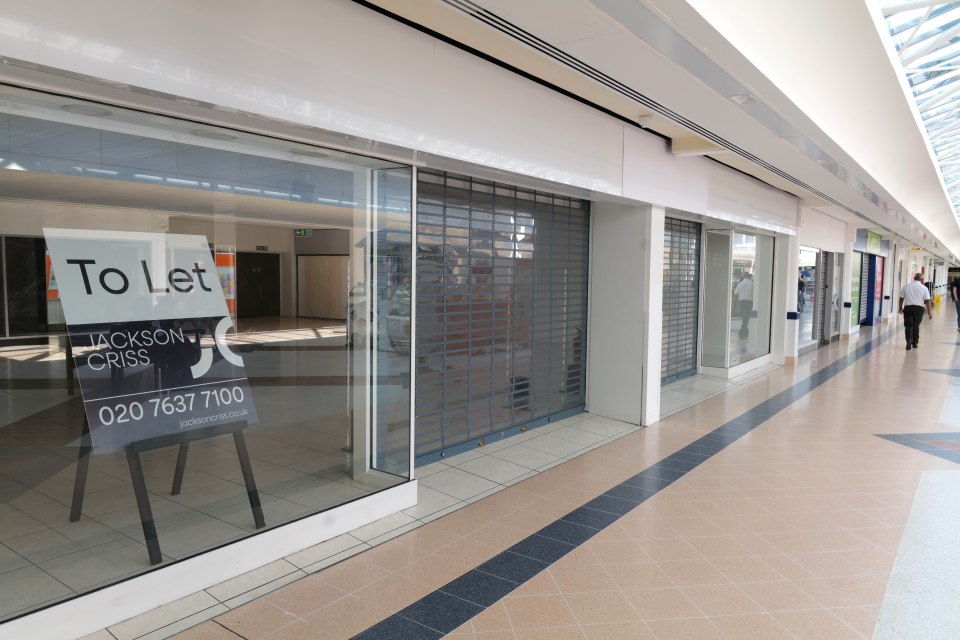 Empty storefronts in a shopping mall with "To Let" signs.