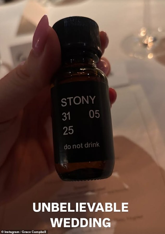 Comedian Grace Campbell also shared a snap of a keepsake from the wedding, with the stern warning: 'Do not drink'