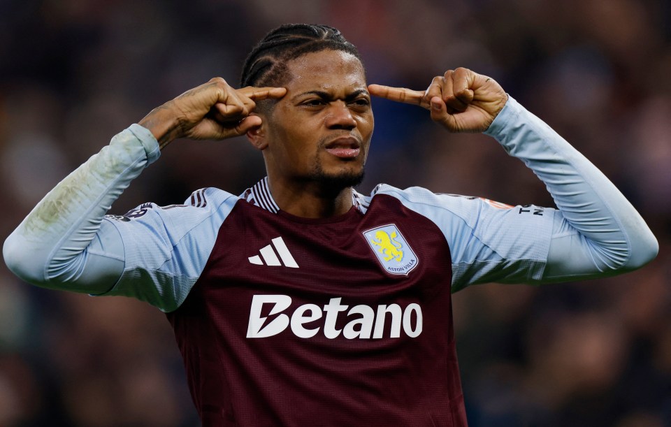 Leon Bailey of Aston Villa celebrates a goal.