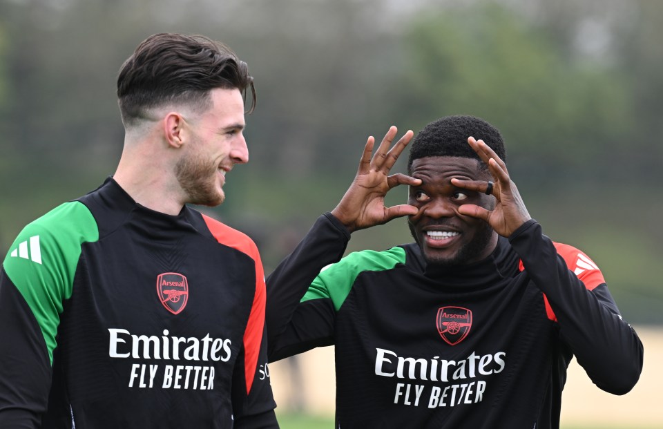 Declan Rice and Thomas Partey of Arsenal at a training session.