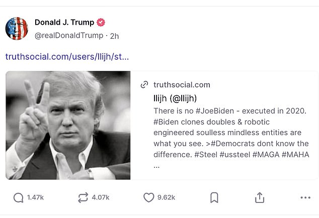 Trump himself did not add any commentary to the post, but the act of re-truthing it spoke volumes